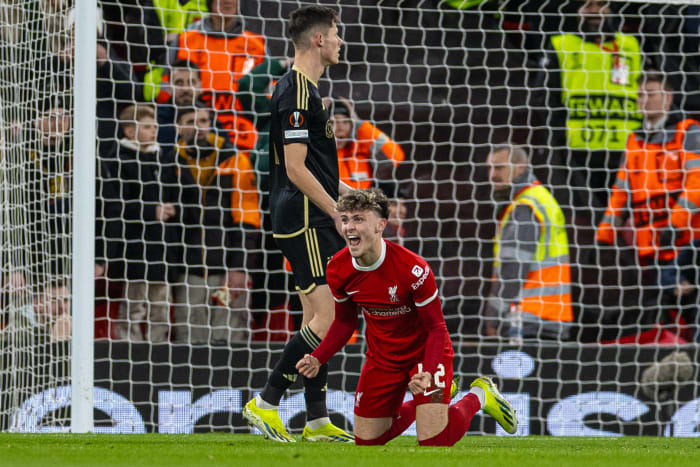 Bobby Clark pictured celebrating after scoring the first goal of his Liverpool career in a 6-1 win over Sparta Prague in the UEFA Europa League in March 2024